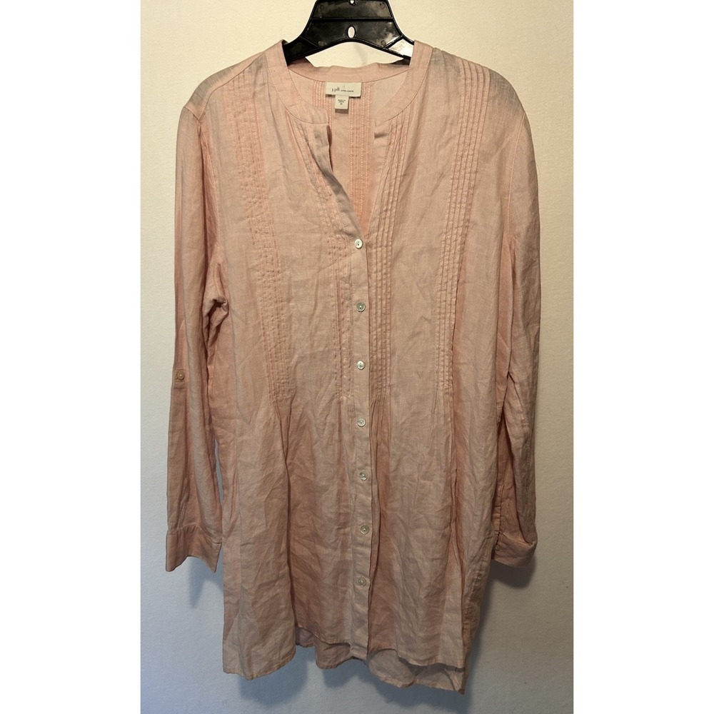 J. Jill Love Linen Women's Tunic Size Medium Pink 100% Linen Roll Tab Sleeve EUC